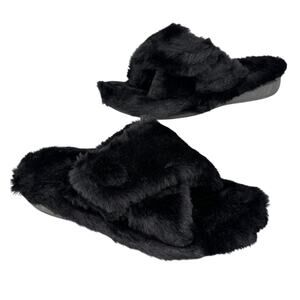 Vionic Indulge Relax Slippers Womens Size 11 Black Faux Fur Arch Support Comfort